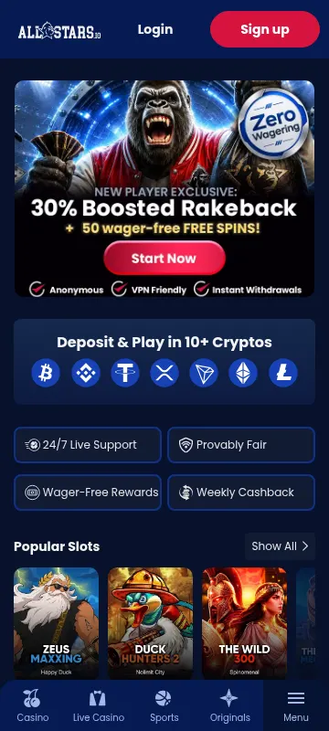 Allstars Casino mobile browser interface for crypto casino and sportsbook play