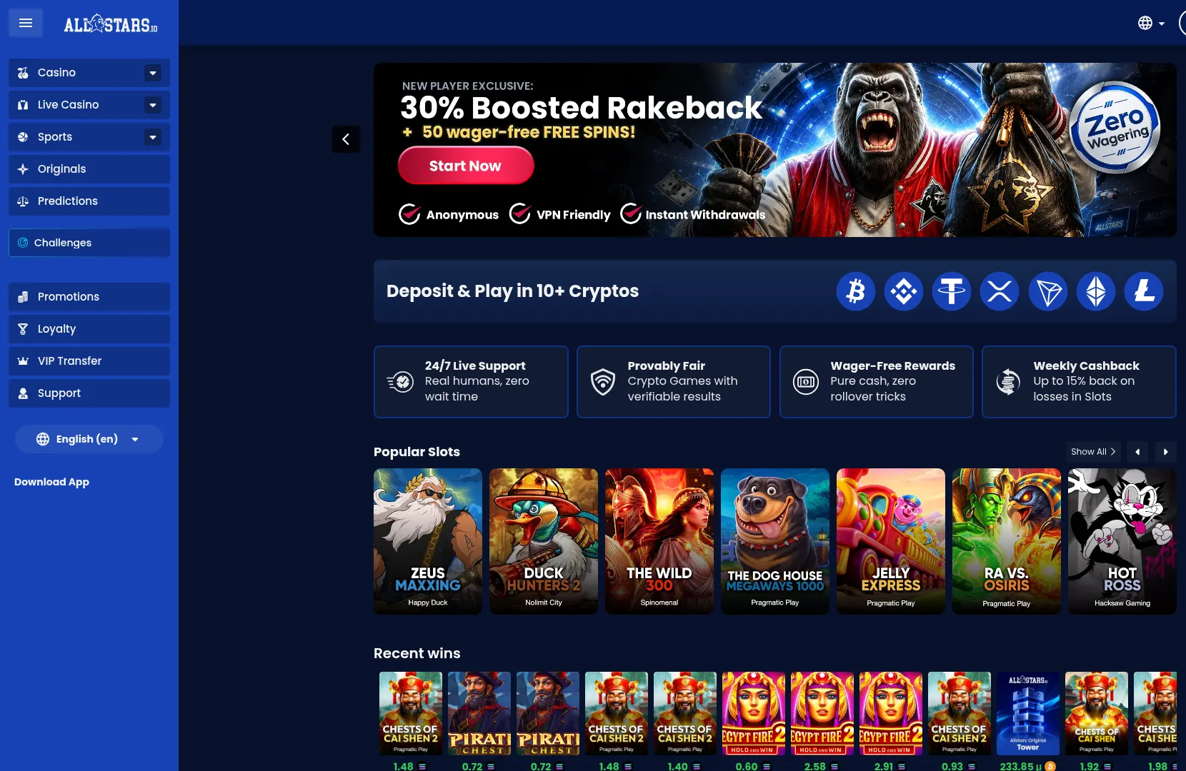 Allstars Casino desktop interface with casino, sportsbook and rewards content